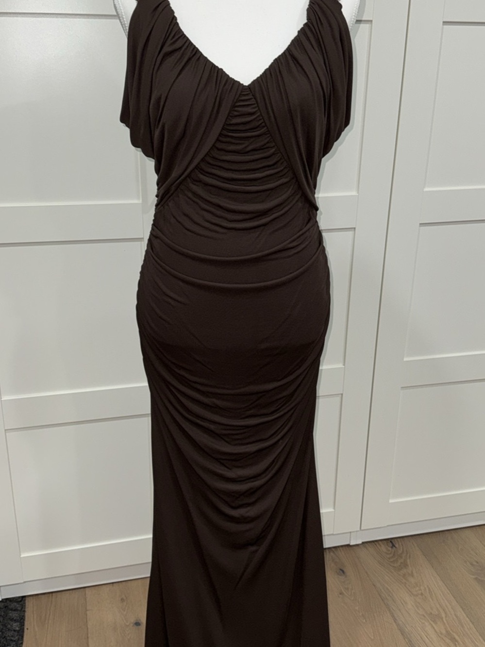 Badgley Mischka Dark Brown Ruched Maxi Dress